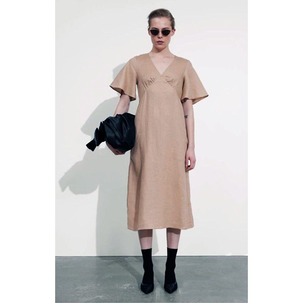 & Other Stories Linen Midi Dress Size 10 Beige V-Neck Flutter Sleeve Minimalist